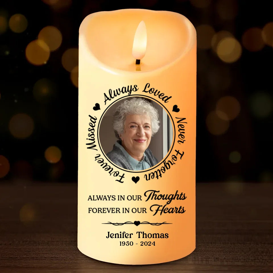 Custom Photo Always In Our Thoughts - Herdenking Gepersonaliseerde Custom LED Kaars - Kerstcadeau, Medeleven Cadeau voor Familieleden