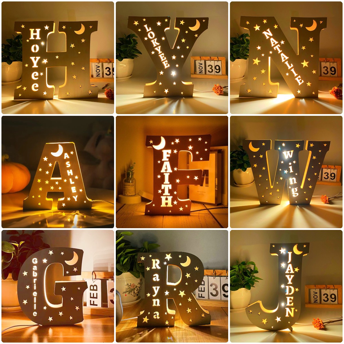 Gepersonaliseerd houten alfabet nachtlampje met naam