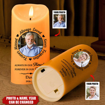 Custom Photo Always In Our Thoughts - Herdenking Gepersonaliseerde Custom LED Kaars - Kerstcadeau, Medeleven Cadeau voor Familieleden