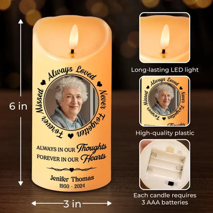 Custom Photo Always In Our Thoughts - Herdenking Gepersonaliseerde Custom LED Kaars - Kerstcadeau, Medeleven Cadeau voor Familieleden
