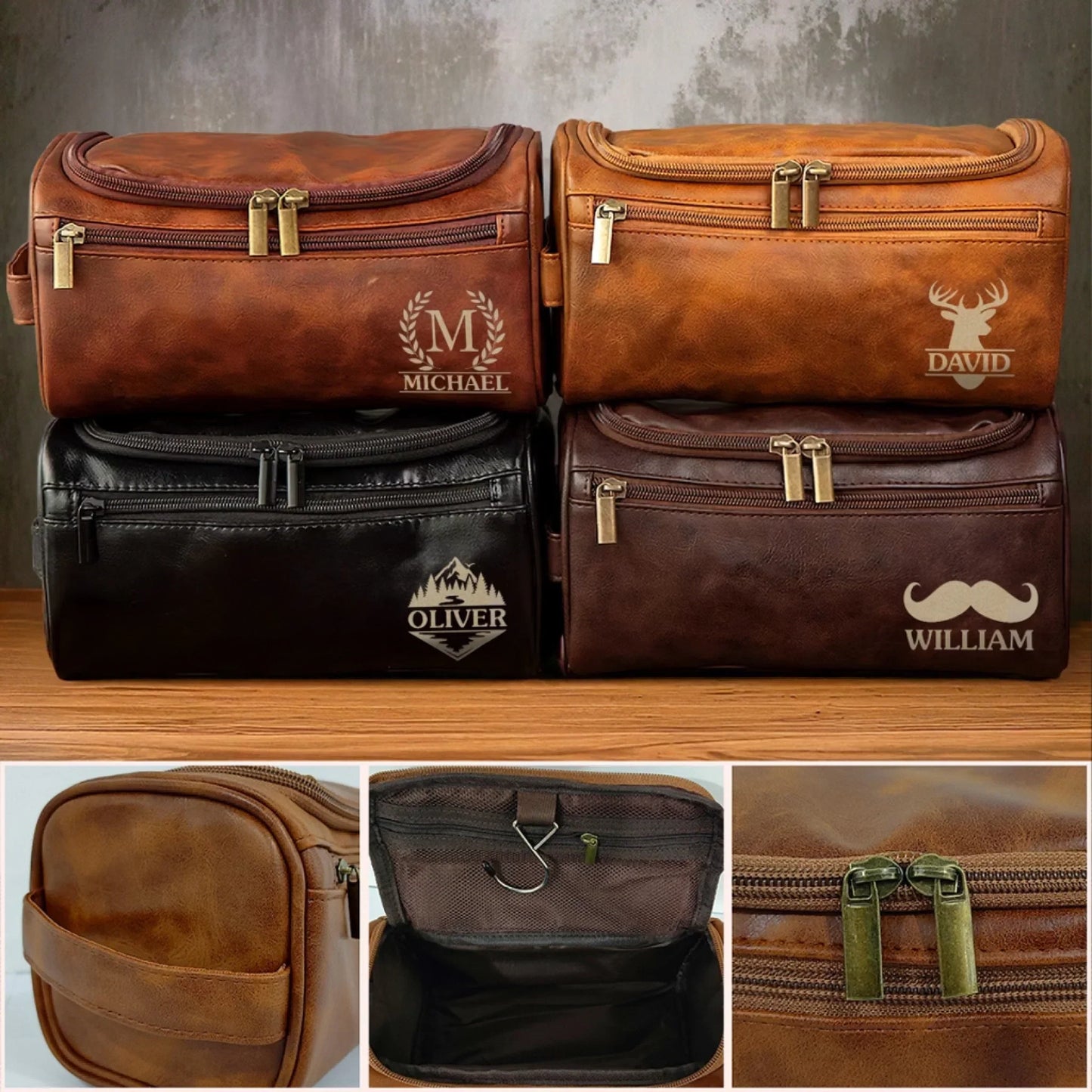 Op maat gegraveerde leren toilettas - Gepersonaliseerde verjaardagscadeaus voor vader, broer, opa, echtgenoot - Voor de man die altijd onderweg is